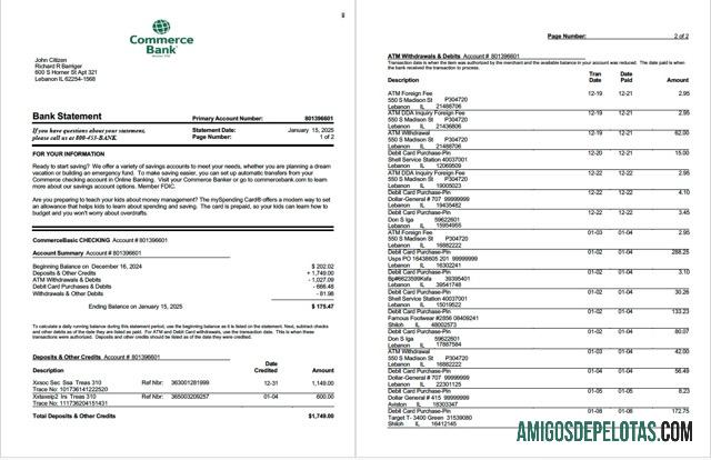 Extrato bancário de comércio dos EUA em branco, modelo Word e PDF, 2 páginas